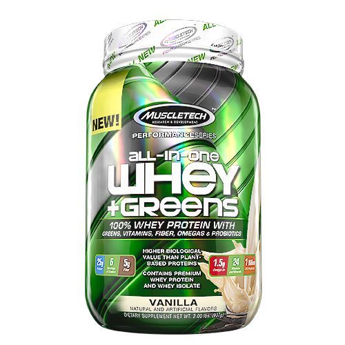 MUSCLETECH - ALL-IN-ONE WHEY + GREENS - WITH VITAMINS, FIBER, OMEGAS & PROBIOTICS - 2 LBS - 9...